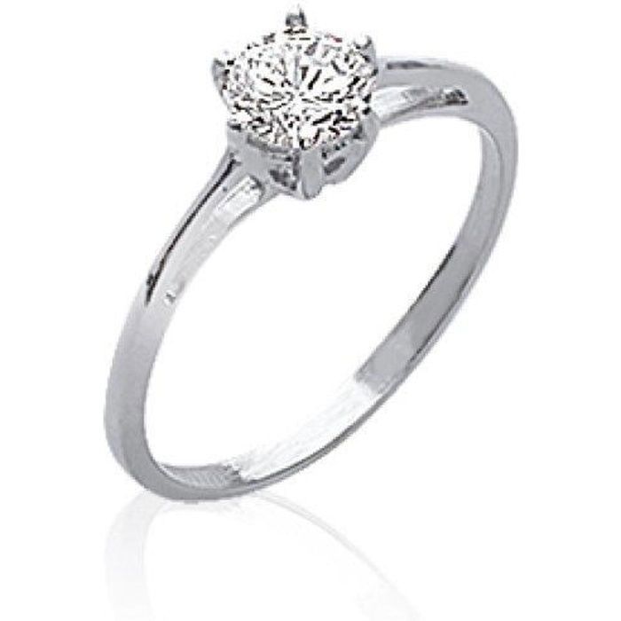 Bague solitaire femme - argent 925 massif rhodié - faux diamant rond 6 griffes