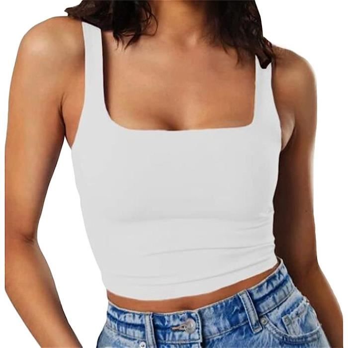 Femme Debardeur Crop Top Sexy Crop Tank Tops Col Carré sans Manches Haut  Blouse pour Femme Fille Été Yoga Fitness Sport Haut Blanc Blanc - Cdiscount  Prêt-à-Porter