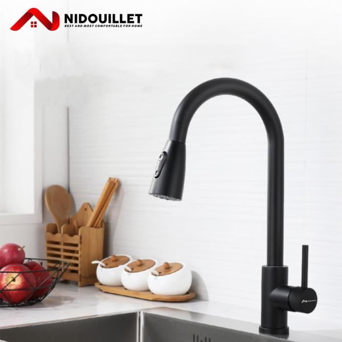 Robinet de cuisine en acier inoxydable noir avec pomme de douche extractible évier monotrou mitigeur haute pression robinet d/'évier à levier unique bec haut pivotant 2 types de jets