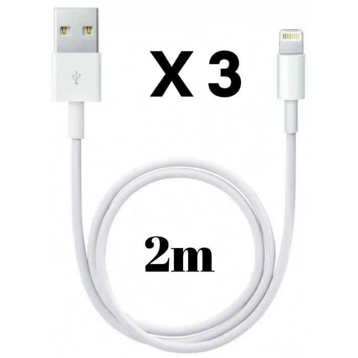 Lot 3 Cables 2 Metres Blanc pour iPhone 11,11 PRO,11 PRO MAX,X,XS,XS