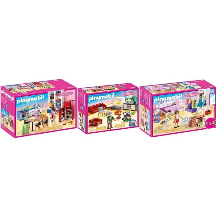 Lot de 3 figurines miniatures Playmobil Dollhouse - Cuisine, Salon et  Chambre avec espace couture - Cdiscount Jeux - Jouets