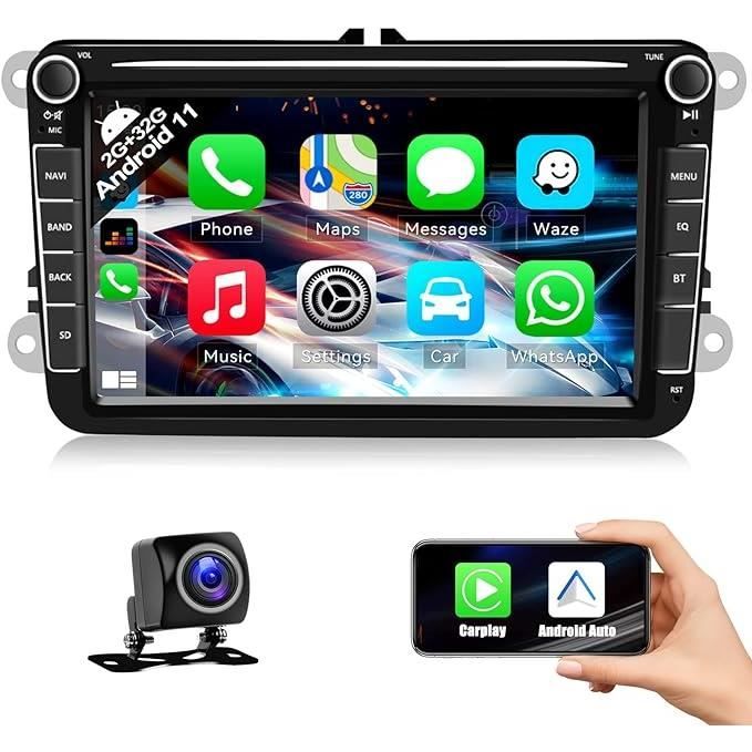 Podofo Autoradio 2 DIN 7 Pouces – CarPlay & Android Auto Sans Fil – Bluetooth 5.0 – Écran Tactile – Caméra De Recul – Commandes Volant – FM & Égaliseur