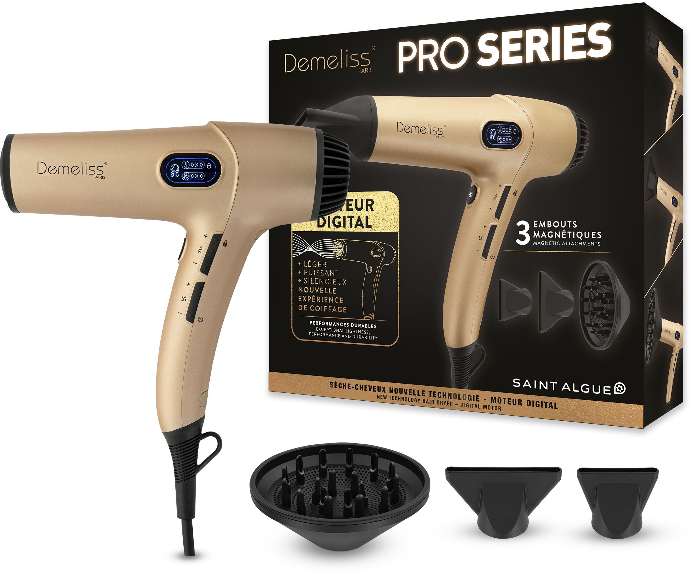 Sèche-cheveux Demeliss PRO SERIES - Moteur BLDC - Ultra léger et silencieux - 3 Embouts - Diffuseur