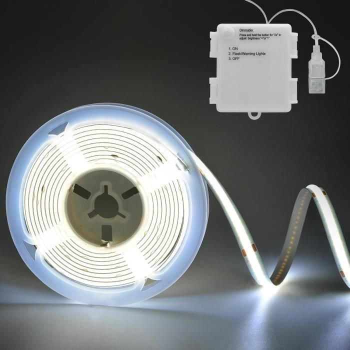 Bande Led Cob À Piles 2 M 640 Led Intensité Variable Blanc
