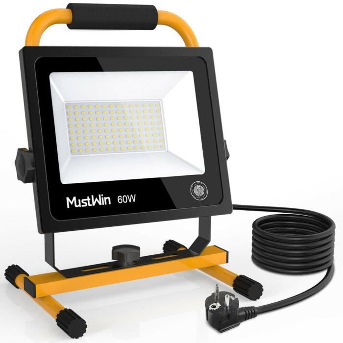 Projecteur De Chantier 60W, Lampe LED Chantier 6000LM Super Brillante