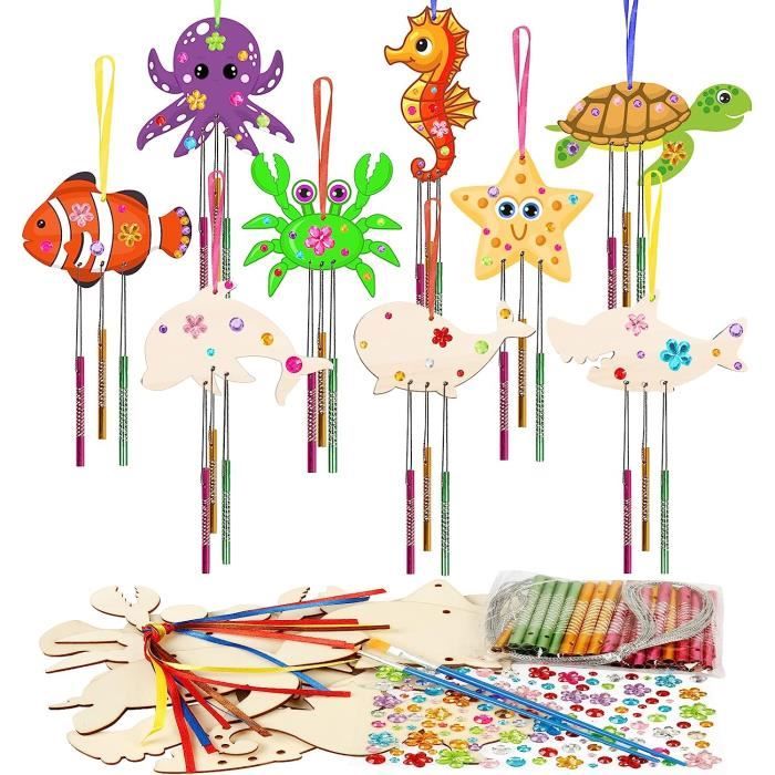 Kit DIY Carillon Automne Enfant - 9 Pièces En Bois à Peindre Avec Tubes Et Strass, Activité Créative Familiale - 4