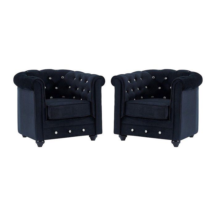 Lot de 2 Fauteuils CHESTERFIELD - Velours noir et boutons effet cristal