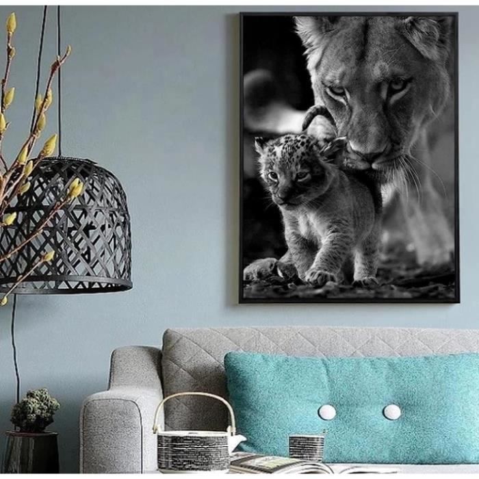 Poster Toile Lion Famille Noir Et Blanc - 60 X 90 Cm - Décoration Murale Salon, Chambre - Sans Cadre