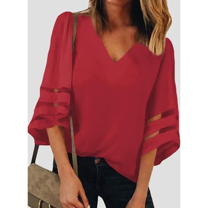 Blouse Femme Haut Elegant Tunique Chic Top Fluide Chemise Mode rouge