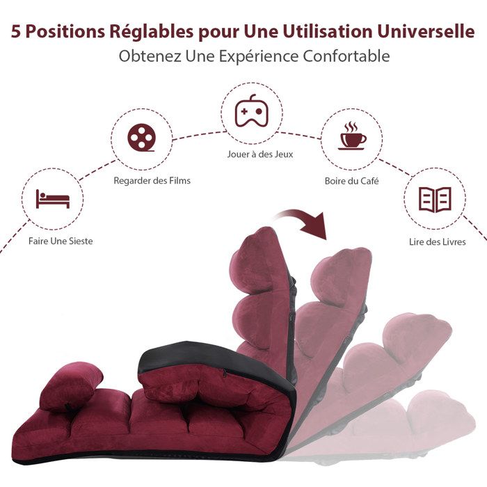 RELAX4LIFE Chaise Pliante de Sol avec Dossier Réglable en 5 Positions, Coussin Cylindrique, Fauteuil de Lecture Rembourré avec Inclinable Tapissé pour Salon Chambre, Noir RELAX4LIFE Chaise Pliante de Sol avec Dossier Réglable en 5 Positions, Coussin Cylindrique, Fauteuil de Lecture Rembourré avec Inclinable Tapissé pour Salon Chambre, Noir