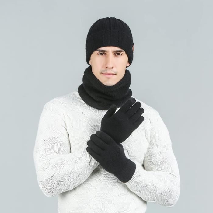 3 en 1 Bonnet d'hiver homme en tricot avec écharpe et gants,noir