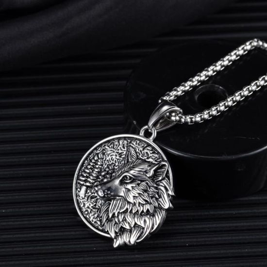 Collier Homme Double Tête De Loup Celtique - Acier Inoxydable 56cm, Pendentif Cœur