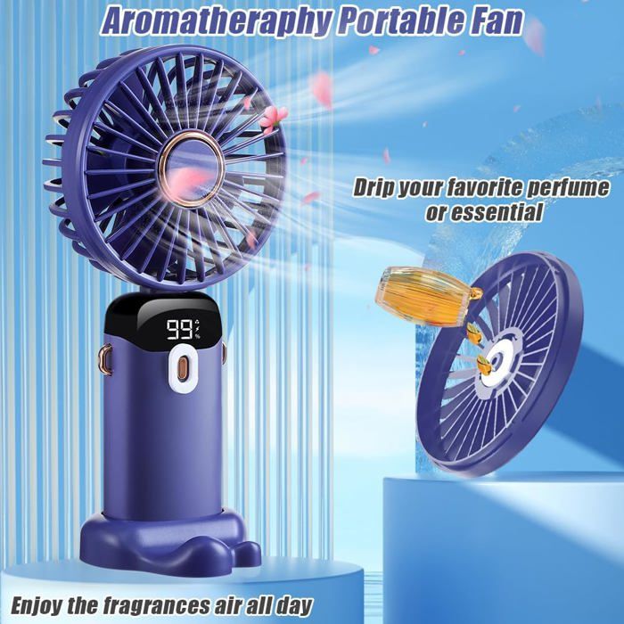 Mini Ventilateur Portatif USB Rechargeable 5 Vitesses - Ventilateur De Poche Silencieux Avec Base - Idéal Bureau, Voyage, Été