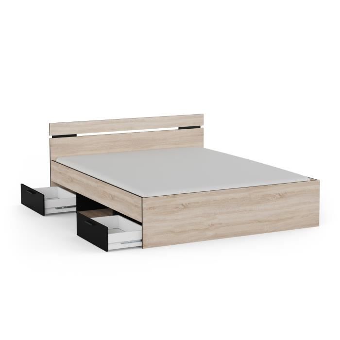 Lit 2 Personnes Michigan 140x190 – Chêne Brossé/Noir Mat – 2 Tiroirs + Niche Rangement Modulable