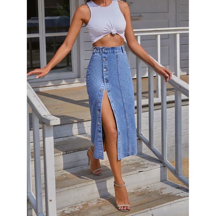 Jupe Jupe longue en jean pour femmes en Denim a boutons retro taille haute fendue droite Maxi FX30291 Deep Blue Blanc Cdiscount Pret a Porter
