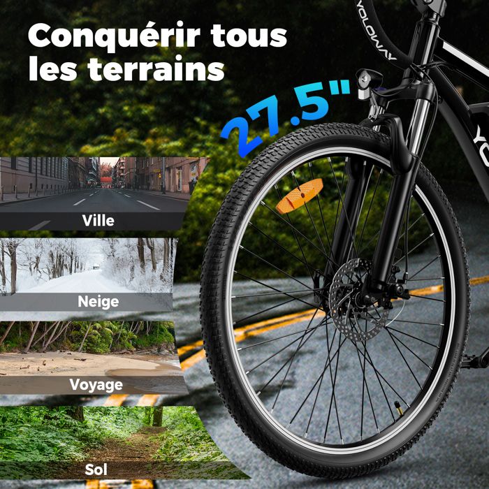 YOLOWAY Velo electrique 27.5 Moteur 250W Batterie Amovible 36V 12.5Ah Shimano 7 Vitesse VTT E Bike Autonomie 40 90km Cdiscount Sport