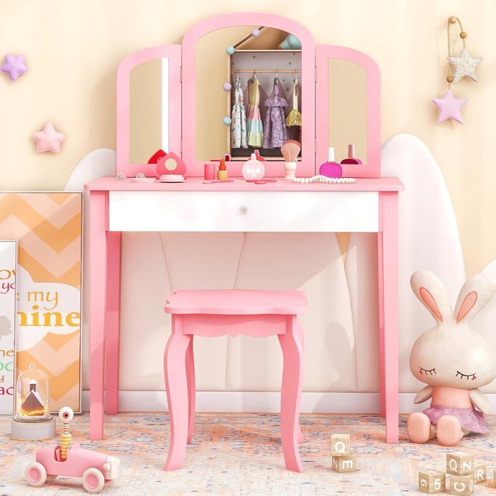 Coiffeuse Enfant En Bois Avec Tabouret Et Miroir Lapin - Design Mignon