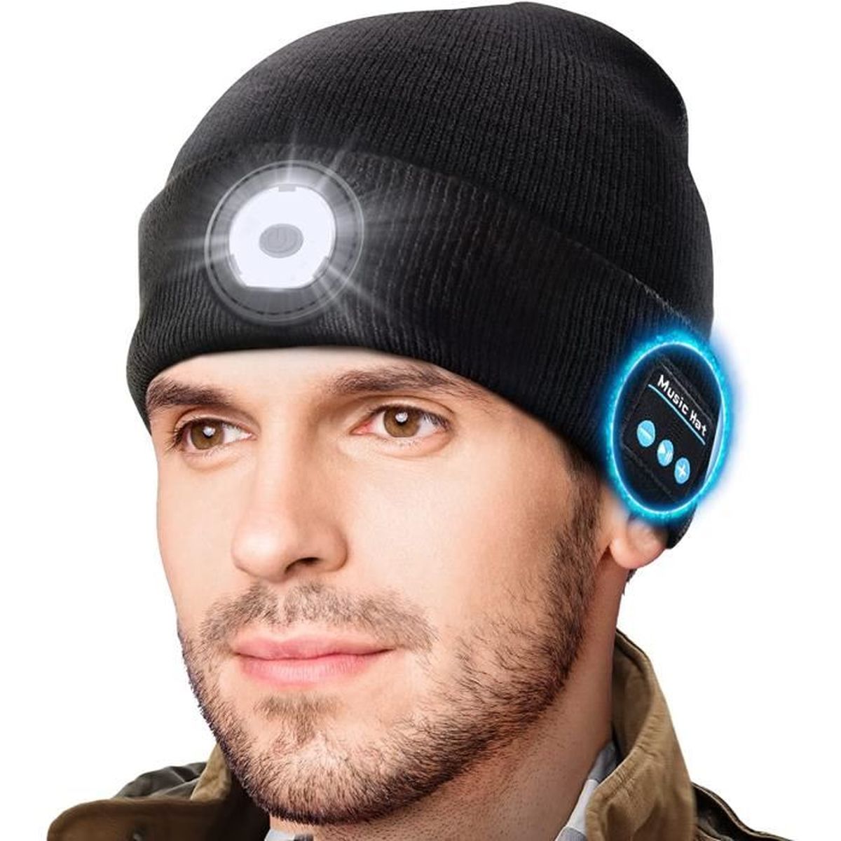 Bonnet Bluetooth Avec LED - Casque Audio Intégré, Micro, Lumière - Rechargeable USB-C, Autonomie 20h - Taille Unique