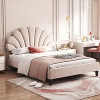Cadre de lit double 140 x 200 cm, capitonné avec cadre à lattes en bois, tête de lit en forme de fleur, tissu velours, beige