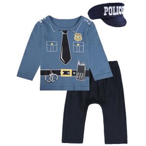 Ensemble de vêtements MINTGREEN Ensemble Bébé Garçon Nouveau-né Police Vêtements Naissance Tenu Pantalon + T shirt +Bonnet Bleu 3 Pièces