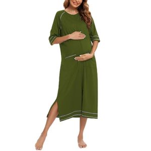 PYJAMA Chemise de nuit Manches Courtes Grossesse Allaitement Maternité avec Fermeture Éclair pour Femme Pyjamas,Vert armée