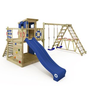 STATION DE JEUX Aire de jeux en bois WICKEY Smart Surf avec balançoire et toboggan bleu pour enfants de 3 ans et plus