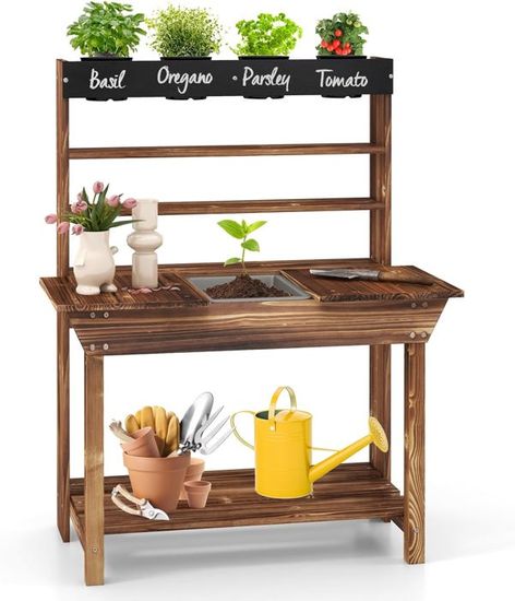 Table De Jardinage Enfant En Bois Avec Évier Et Tableau - 4 Pots Inclus - Jeu Extérieur Éducatif
