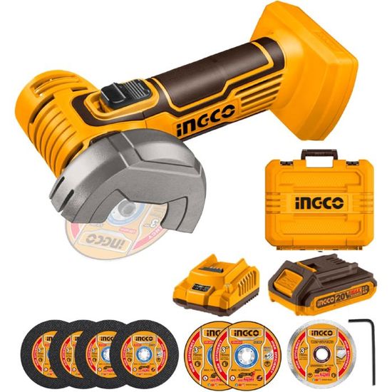 INGCO Mini Meuleuse d'angle Sans Fil 20V (Produit Seul) 19500 tr/min 7 Disques à Tronçonner 76mm pour Couper, Polir et Poncer CAGLI76011 INGCO Mini Meuleuse d'angle Sans Fil 20V (Produit Seul) 19500 tr/min 7 Disques à Tronçonner 76mm pour Couper, Polir et Poncer CAGLI76011