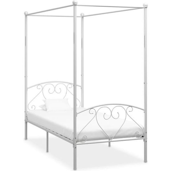 Cadre de lit à baldaquin Blanc Métal 100 x 200 cm - Classique - Intemporel - A lattes - 2 personnes - 1 place