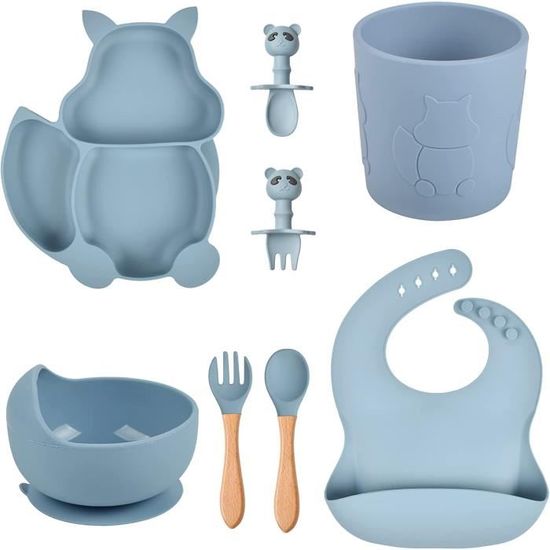Assiette Bébé En Silicone Avec Ventouse - 3 Compartiments - Sans BPA - Lavable Au Lave-vaisselle - Pour Chaise Haute - Bleu
