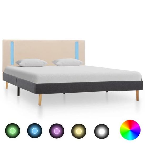 MEXP- Cadre de Lit Double | Structure de lit Adulte | Lit 2 personnes Moderne avec LED Crème et gris foncé Tissu 140 x 200 cm8580