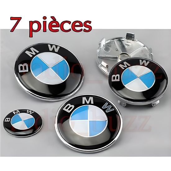 KIT 7 LOGO EMBLEME BMW BLEUET BLANC : LOGO CAPOT 82 mm+ COFFRE 82mm +VOLANT 45mm+ 4 CENTRES DE ROUES 68mm NEUF CLIPSABLE BADGES