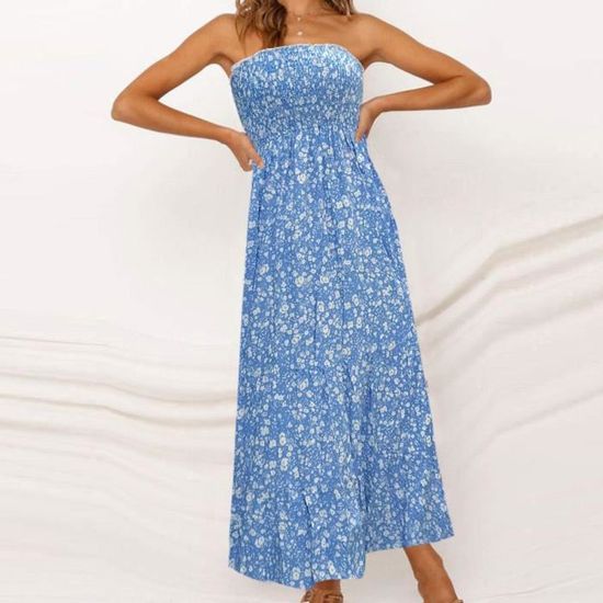 Robe Boheme Chic Robe Maxi De Soirée Sans Bretelles À Imprimé Floral Bohème D'Été Bleu Bleu