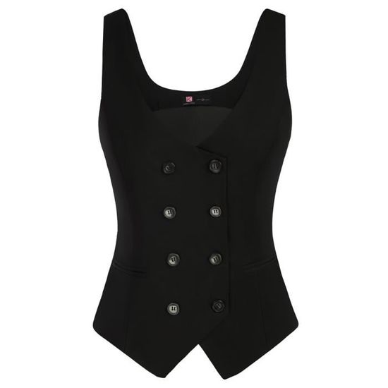 Gilet Femme Sans Manches Belle Poque - Col V, Double Boutonnage, Ourlet Mouchoir - Style Vintage