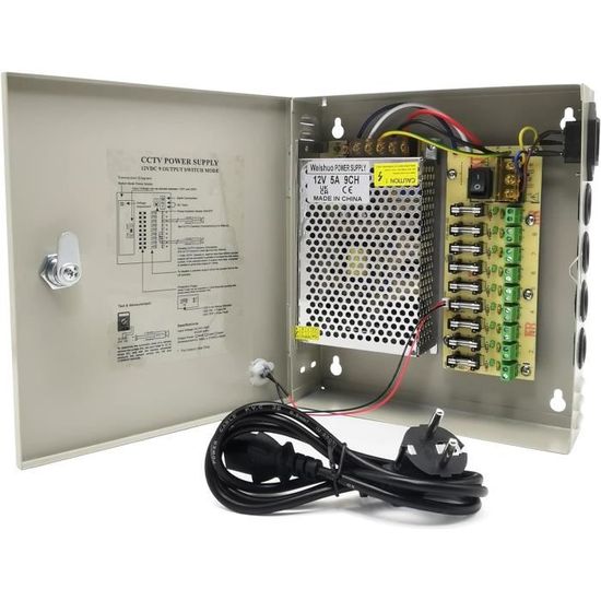 Bloc Alimentation CCTV 12V 10A 120W - 9 Sorties - Pour Caméras Surveillance, DVR, LED - Protection Surtension