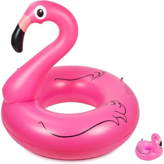 Bouée Flamant Rose Géante Avec Porte-Boisson – PVC 0,25 Mm, 100 Kg, 2 Chambres à Air, Kit Patch Inclus – Piscine Plage Été Enfant Adulte