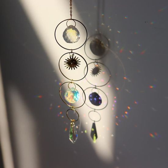 Carillon Attrape-Soleil En Cristal - Forme Étoile Et Lune, 45 Cm De Long | Effets Prismatiques Arc-en-Ciel | Décoration Fenêtre Ou Intérieur