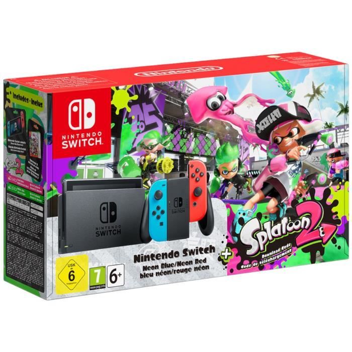 Console Nintendo Switch avec paire de joy-con bleu néon / rouge néon + code de téléchargement Splatoon 2