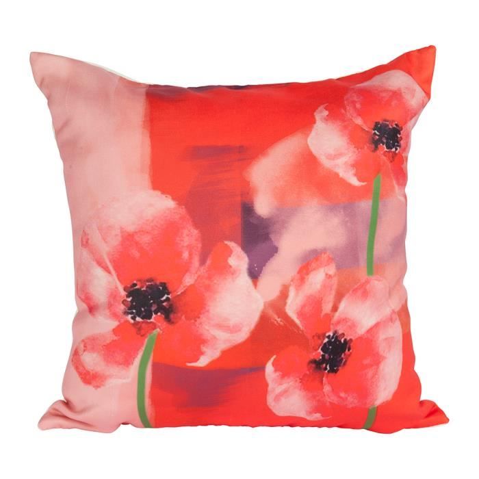 Housse de coussin 40x40 cm, 3 Coquelicots fond rouge et rose pastel finition de qualité