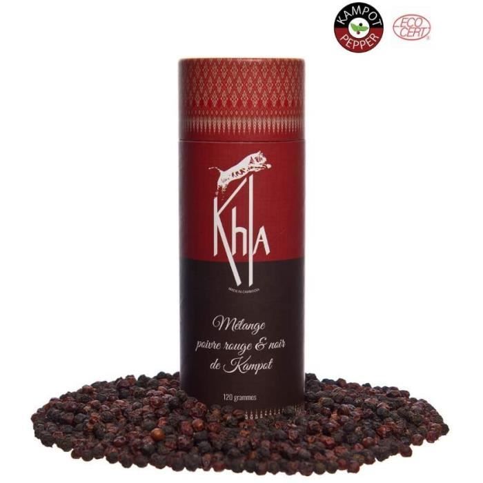 KHLA - Mélange de Poivre de Kampot Noir et Rouge Premium IGP - 120g - Poivre en Grains - Issu de l'Agriculture Biologique
