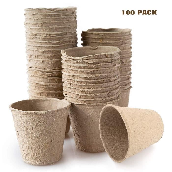 Housolution Pots de Semis en Fibre Biodégradable (100 Pièces) 3 Pouces, Plateau Pour Graines de Jardinage - Kaki