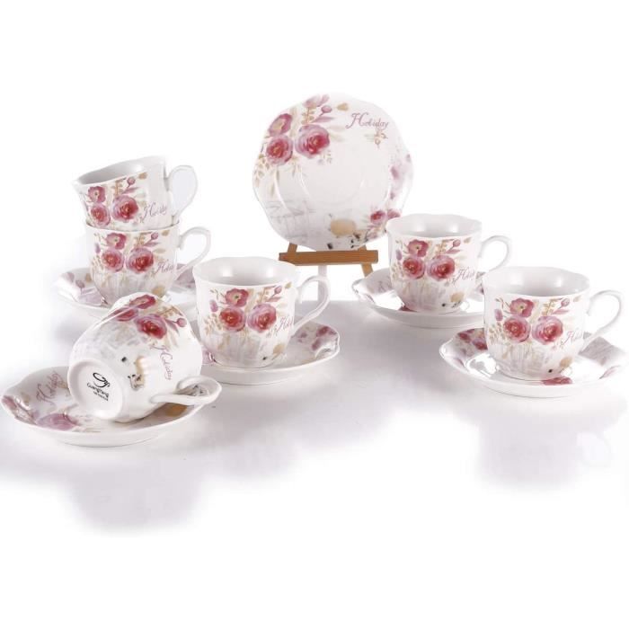 Ensembles de 6 Tasse à Café Porcelaine Fine - 220ml Grande New Bone China Rétro et Rose Pattern Vintage Service à Thé de Table Tasse