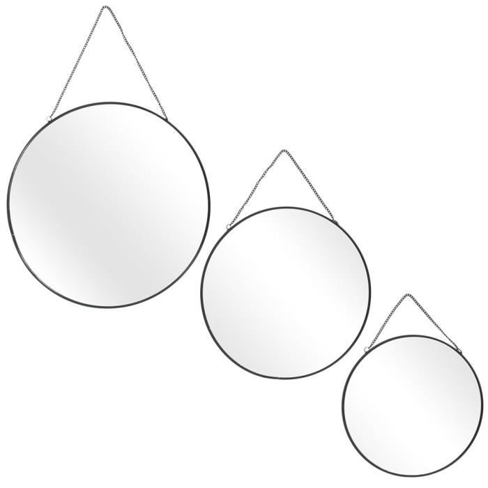 THE HOME DECO FACTORY Lot de 3 miroirs rond - Chainette - Noir