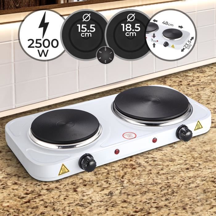 Plaque de Cuisson - Double, Portable, 2500 W, Brûleurs en Fonte (Ø 15.5 et 18.5 cm), en Acier, Blanc - Plaque Chauffante Électrique