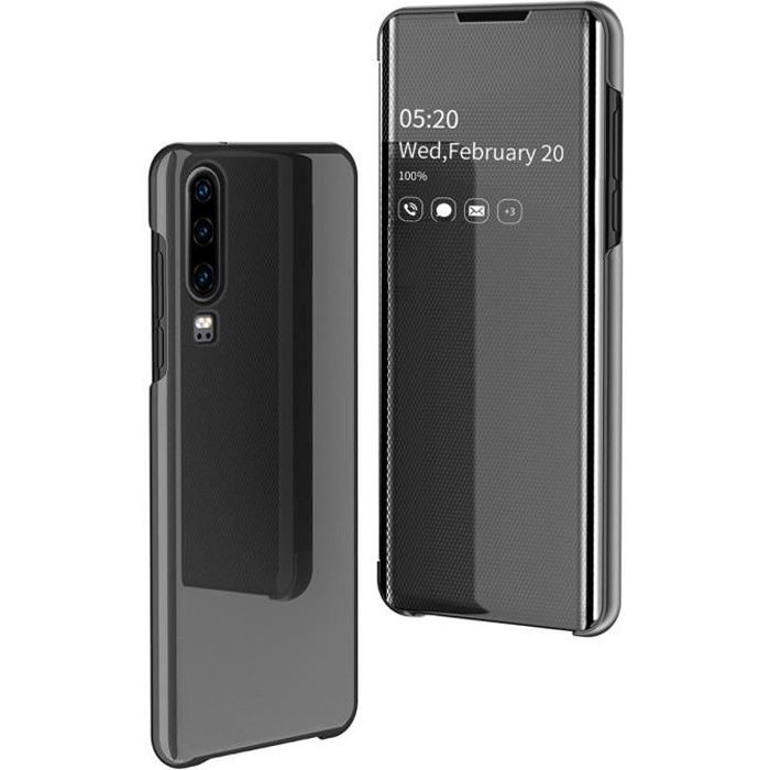 Huawei P30 Coque View Miroir Translucide Flip Cover Standing Antichoc Case - Noir