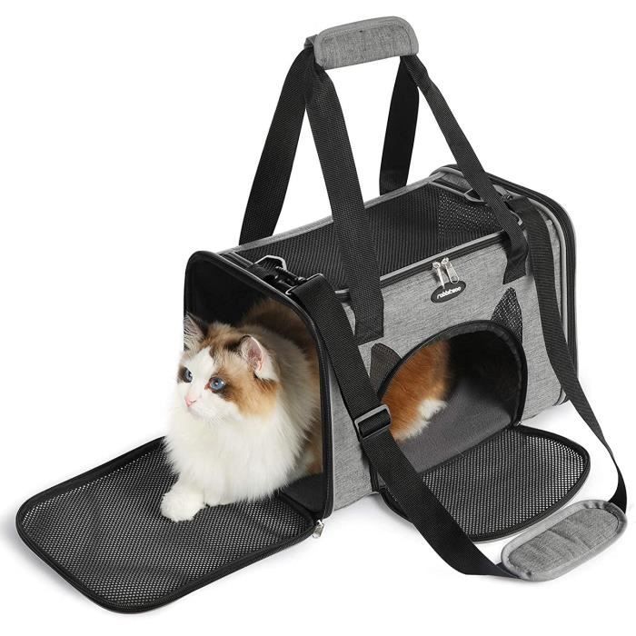Rabbitgoo Sac Transport Chat Chien, Caisse Transport Pliable à 4 portes, avec Tapis Doux pour Petit Chat et Chiot, 42×27×27cm Gris