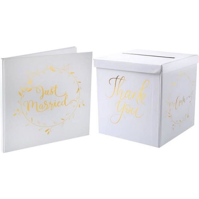1 Pack Tirelire et livre d'or mariage blanc et or