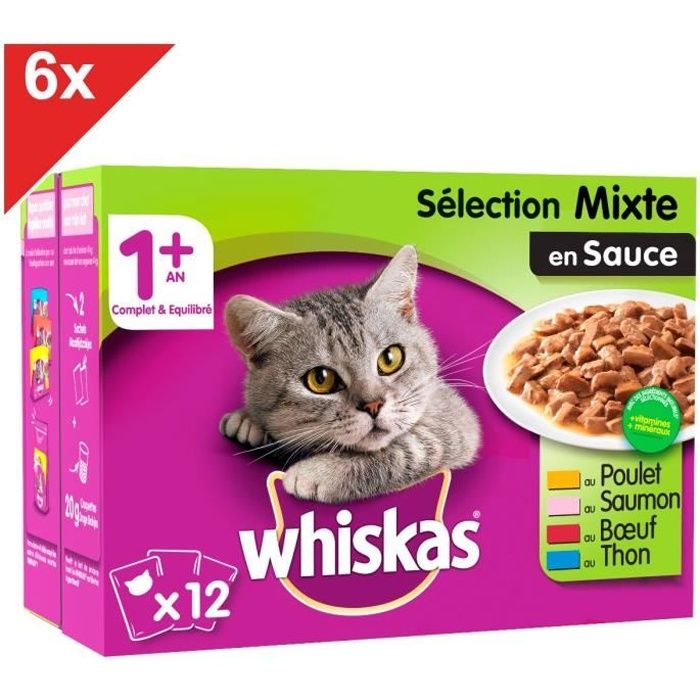 WHISKAS 72 Sachets fraîcheur en sauce sélection mixte pour chat 100g (6x12)