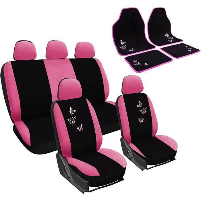 WOLTU Siège Housse de Voiture Universelle+Tapis de Voiture Set,Noir Rose 7247+AM7141