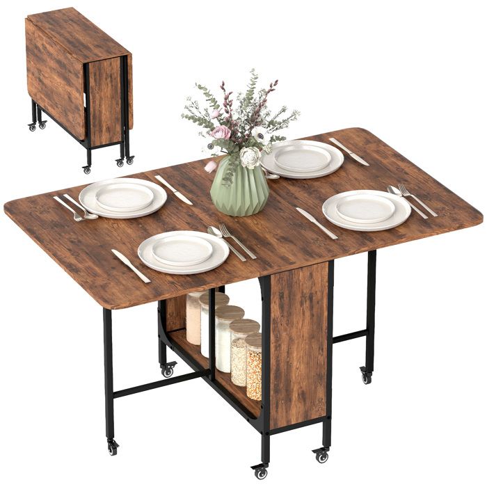 Table pliante de cuisine - HOMCOM - Extensible salle à manger sur roulettes jusquà 6 personnes - étagère intégrée 6 roues - Marron